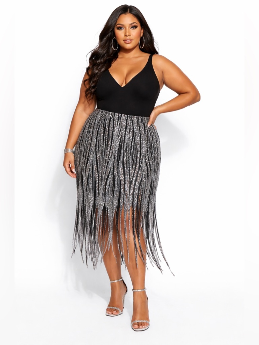 Eloquii Black and Silver Fringe Midi Skirt